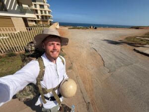 James Lewis, a 26-year-old football coach from Rugeley, dribbling a football through Rabat, the capital of Morocco, during his 2,000-mile fundraising challenge for St Giles Hospice.