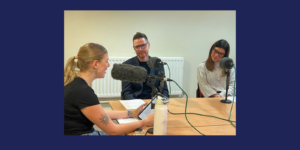 BCU student Maya Davis interviewing St Giles Hospice CEO Elinor Eustace and Director of Clinical Services Leon Ratcliffe during podcast recording