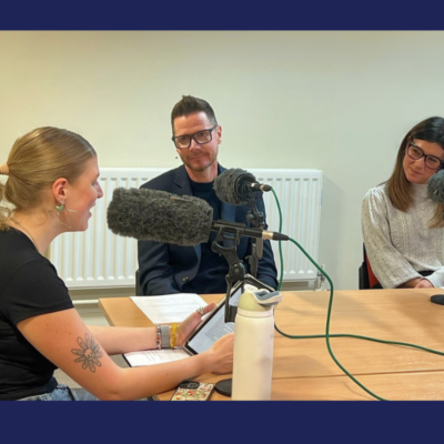 BCU student Maya Davis interviewing St Giles Hospice CEO Elinor Eustace and Director of Clinical Services Leon Ratcliffe during podcast recording